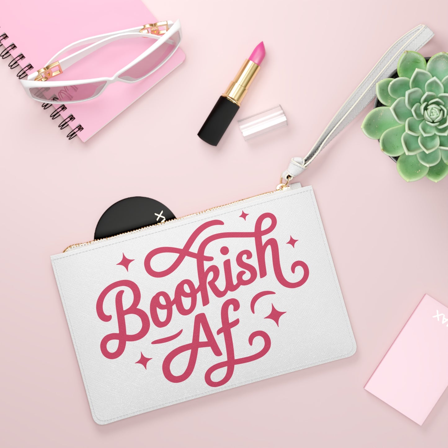 Bookish AF Clutch Bag — Pink Script Wristlet for Avid Readers