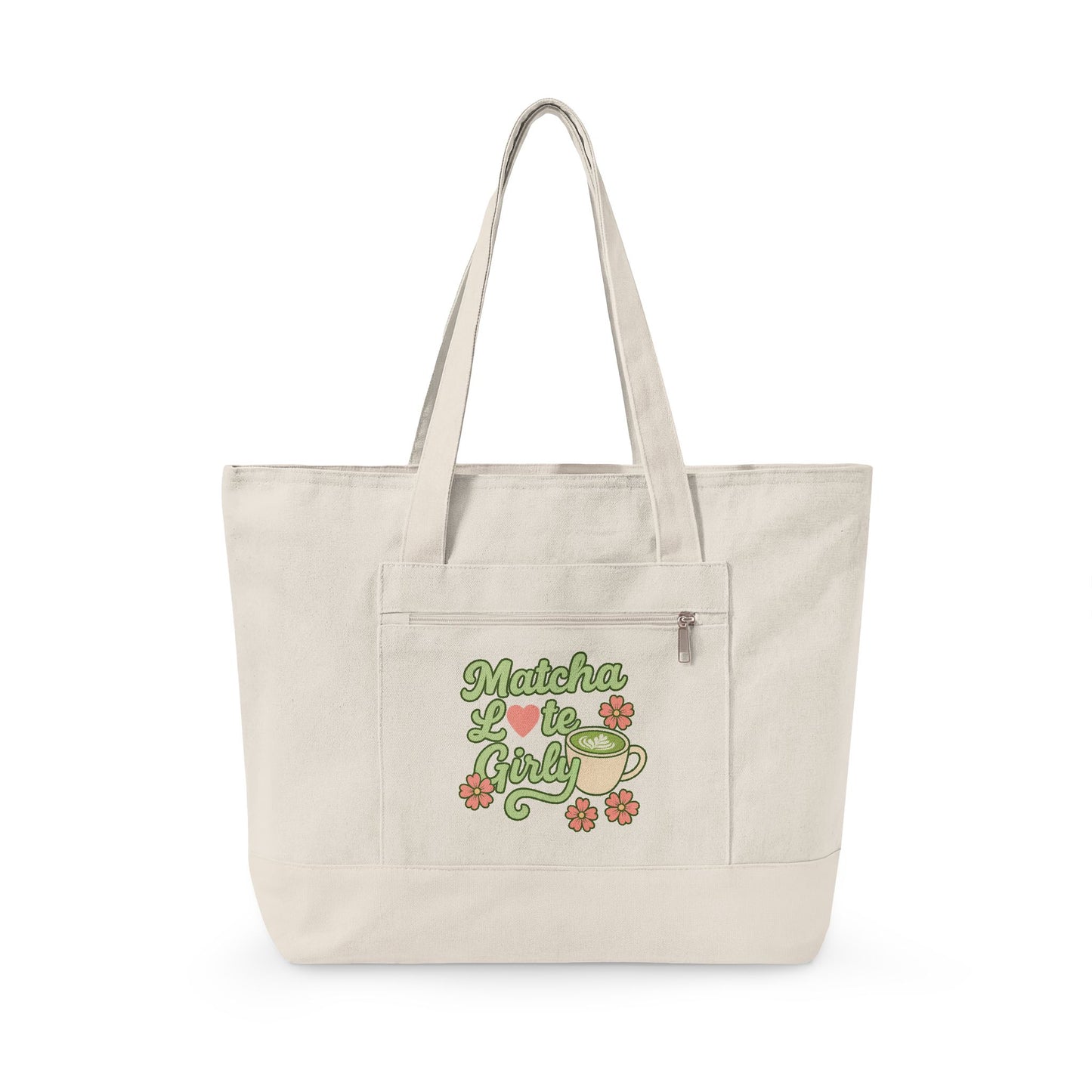 Matcha Latte Girly Zippered Canvas Tote Bag