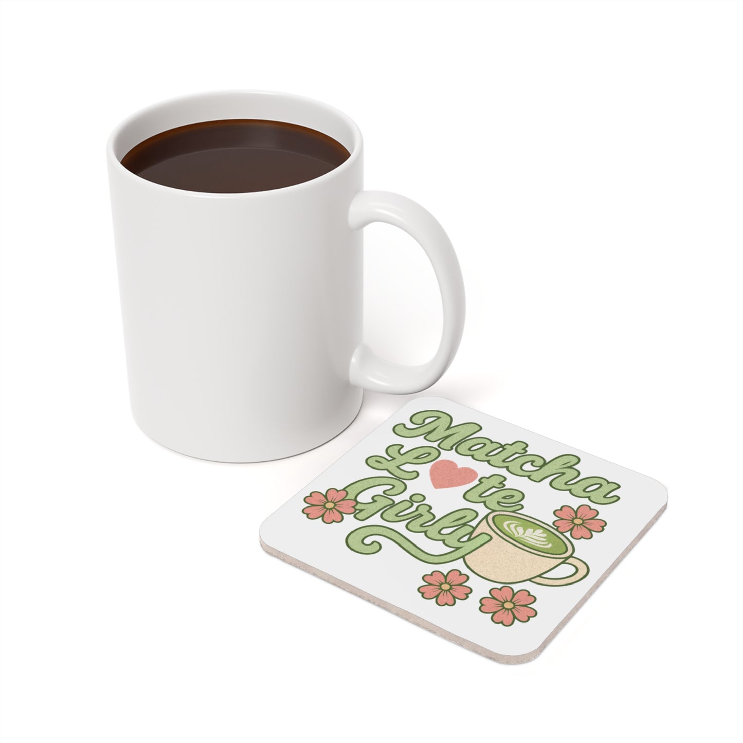 Matcha Latte Girly Cork Coaster, Floral Matcha Cup Drink Coaster
