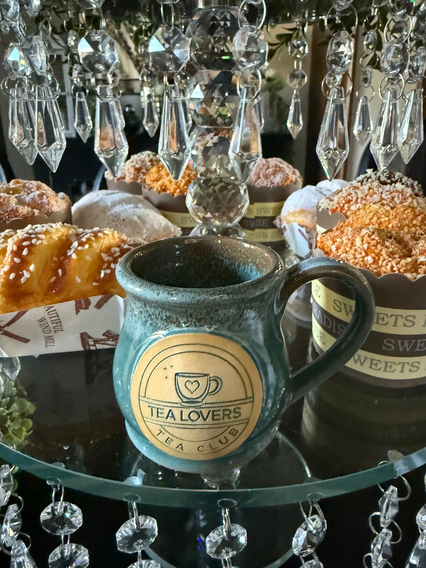 Tea Lovers Tea Club Mini Round Belly Mug Ornament Light Teal with Cinnamon and White