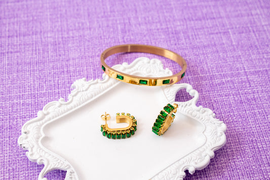 Emerald Cubic Zirconia Gold Bracelet & Earrings