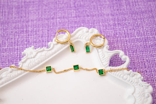Dainty Emerald Cubic Zirconia Gold Bracelet & Earrings