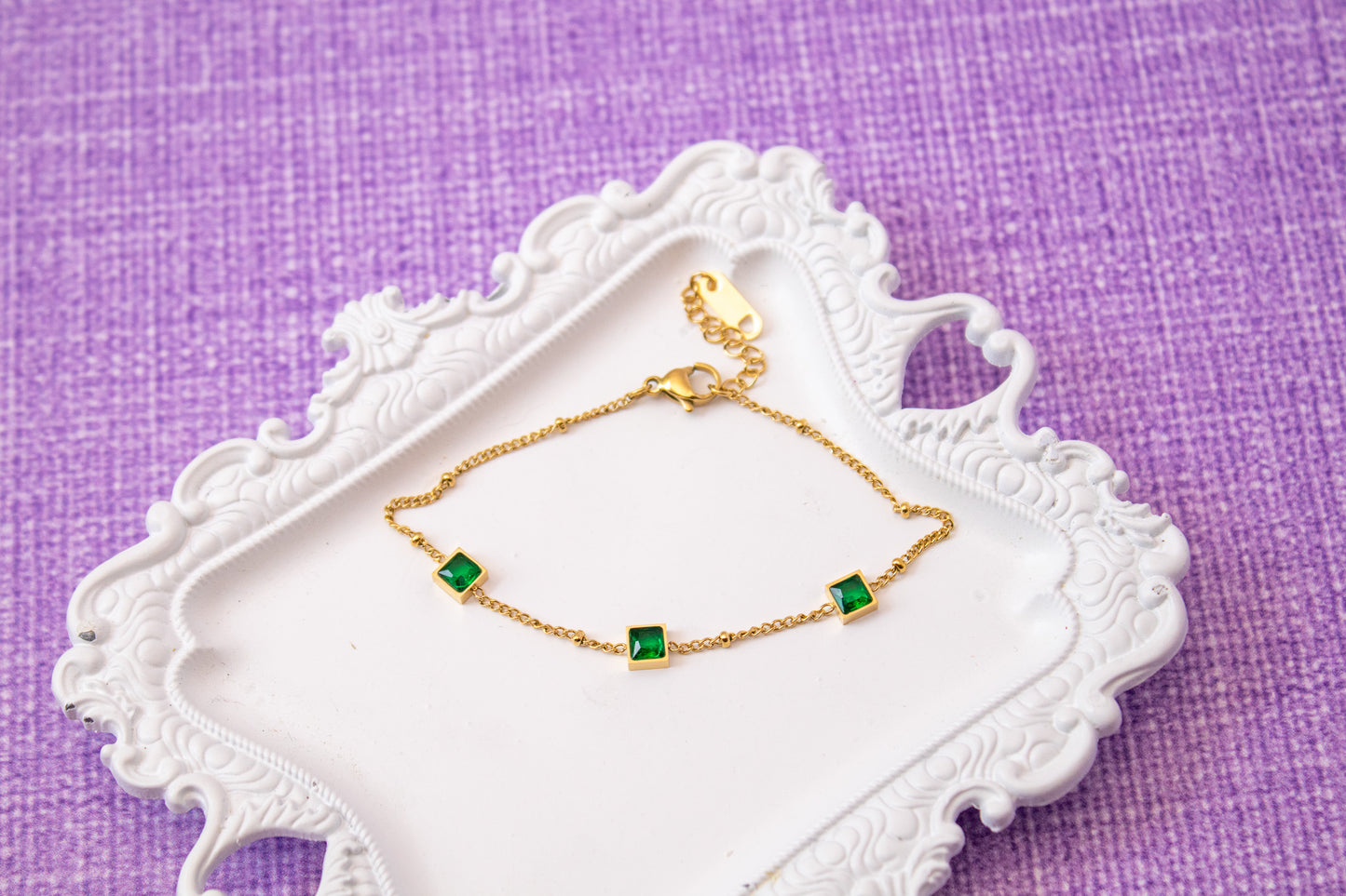 Dainty Emerald Cubic Zirconia Gold Bracelet & Earrings