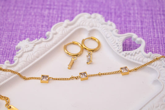 Dainty Crystal Cubic Zirconia Gold Bracelet & Earrings