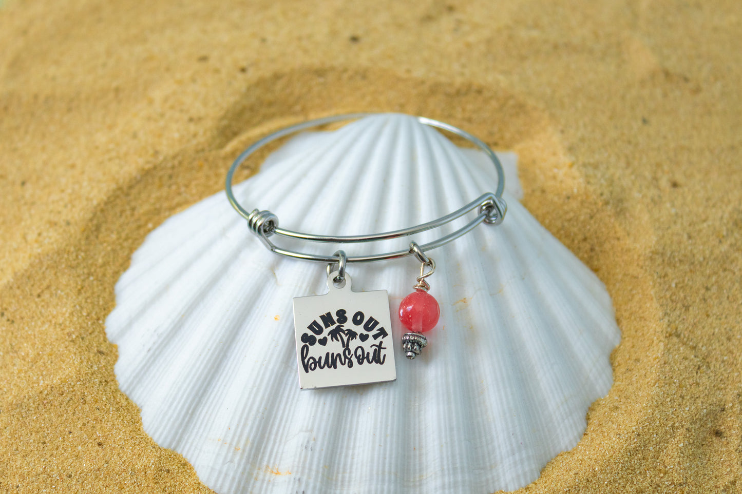 Summer Charm Bracelet - Suns Out Buns Out Bangle - Pink Bead Bracelet -Beach Vacation Jewelry - Funny Summer Gift For Her