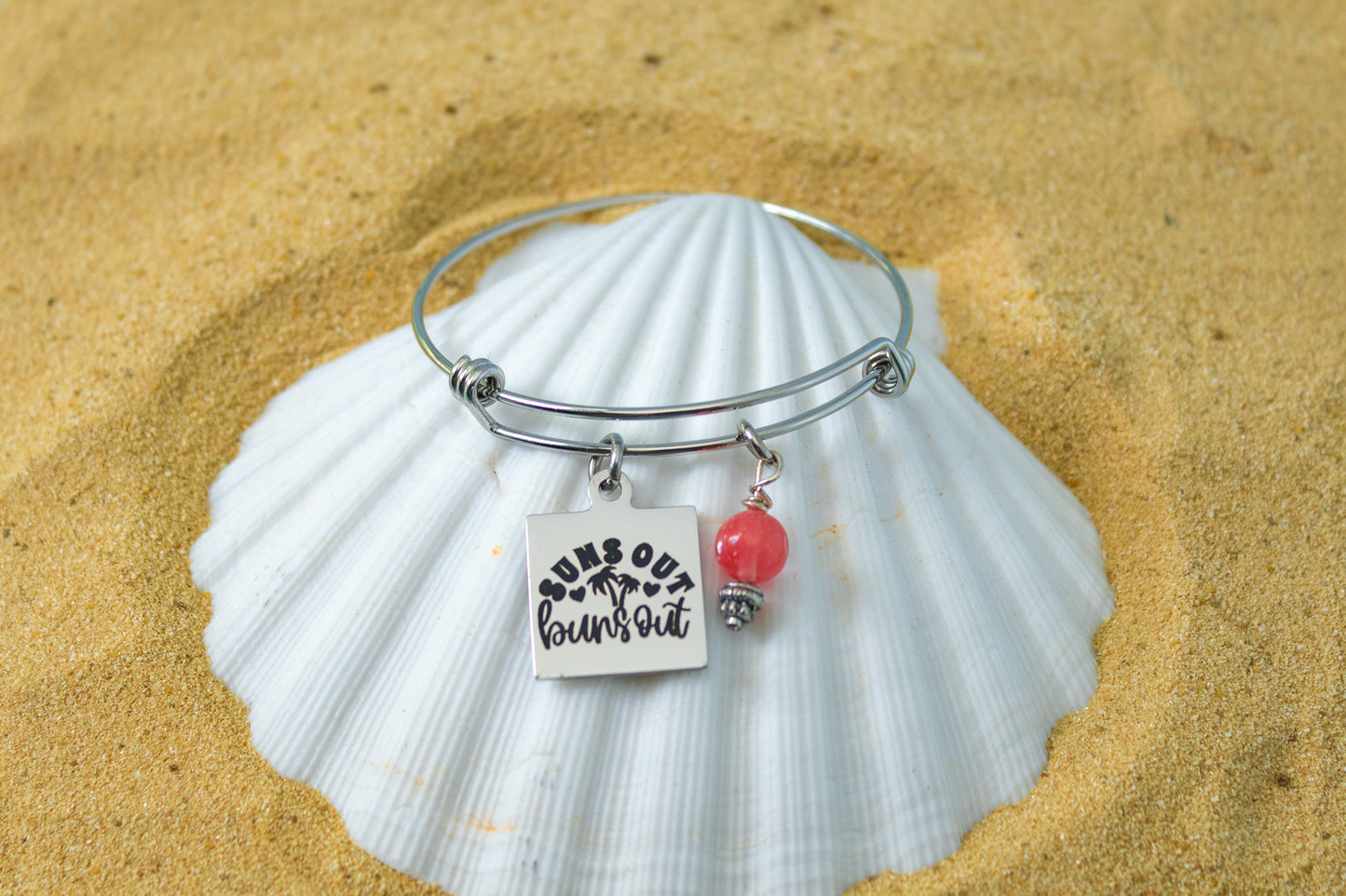 Summer Charm Bracelet - Suns Out Buns Out Bangle - Pink Bead Bracelet -Beach Vacation Jewelry - Funny Summer Gift For Her