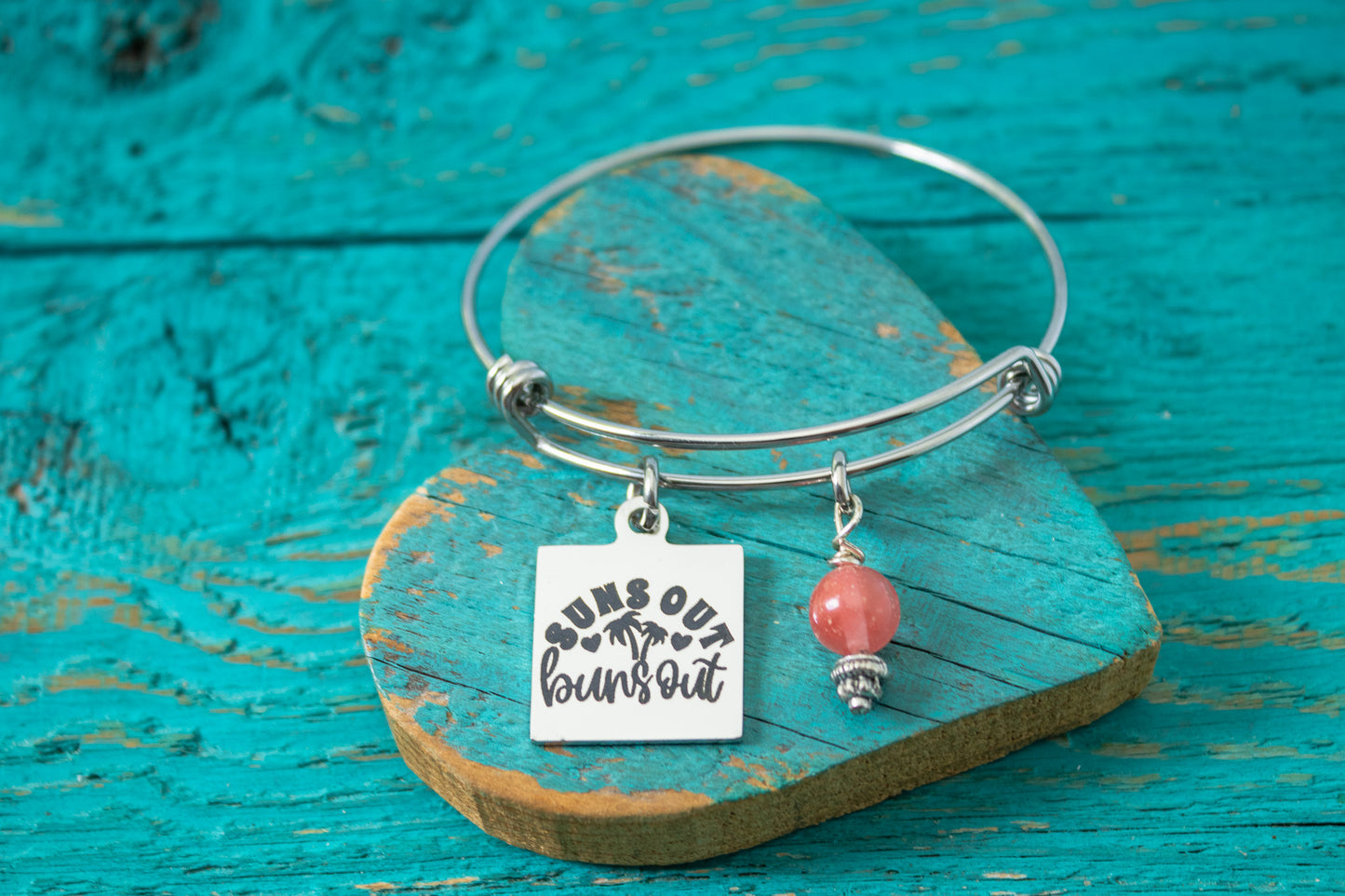 Summer Charm Bracelet - Suns Out Buns Out Bangle - Pink Bead Bracelet -Beach Vacation Jewelry - Funny Summer Gift For Her