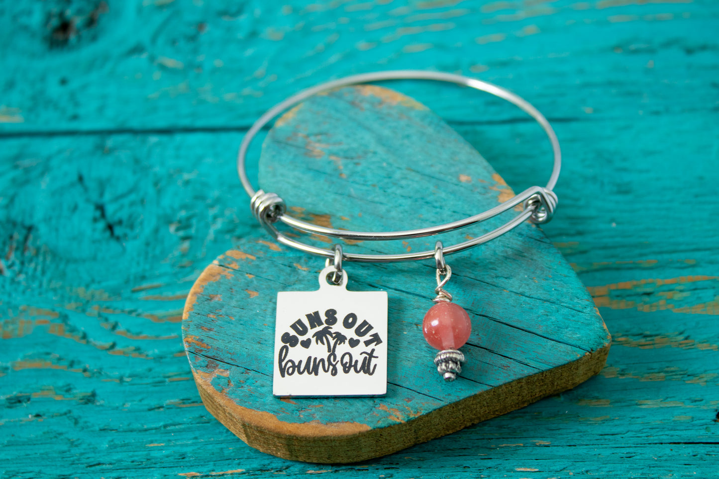 Summer Charm Bracelet - Suns Out Buns Out Bangle - Pink Bead Bracelet -Beach Vacation Jewelry - Funny Summer Gift For Her