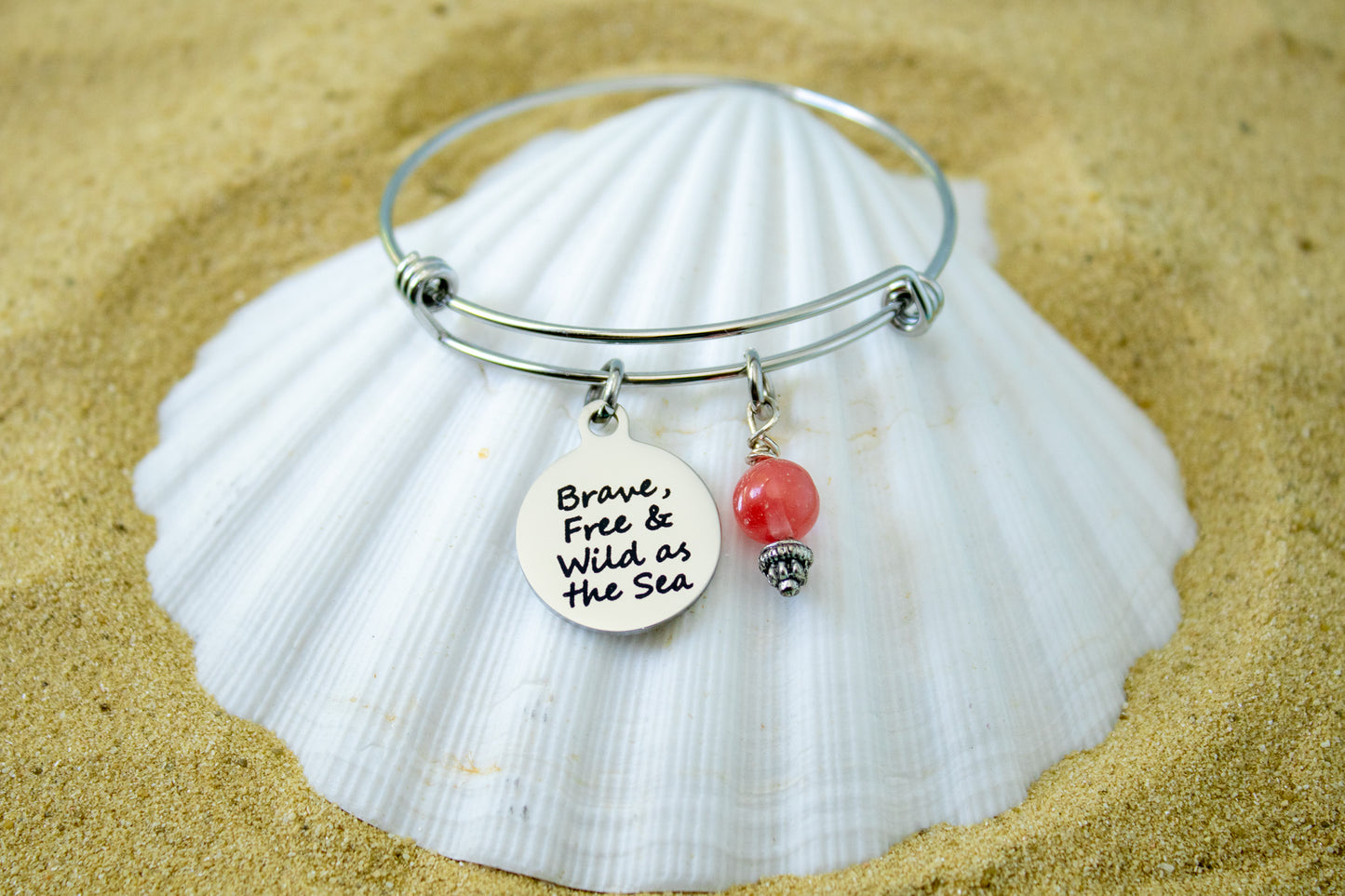 Brave Free Wild as the Sea Bracelet – Beach Quote Jewelry – Ocean Lover Gift – Coastal Charm Bangle – Summer Bracelet for Her – Boho Sea