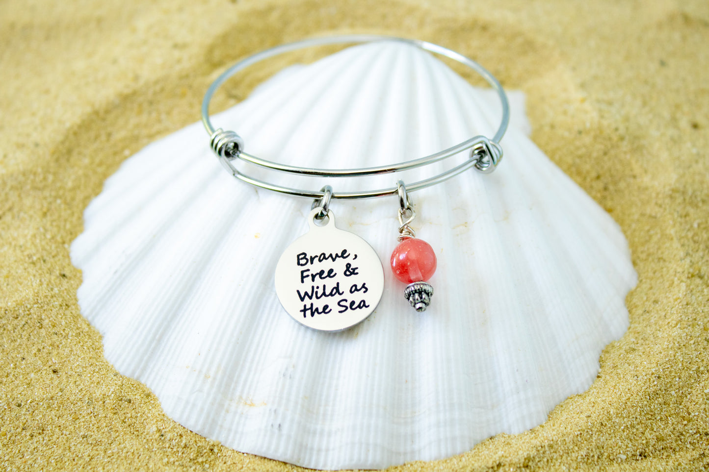 Brave Free Wild as the Sea Bracelet – Beach Quote Jewelry – Ocean Lover Gift – Coastal Charm Bangle – Summer Bracelet for Her – Boho Sea