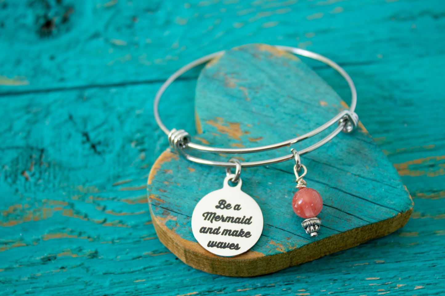 Mermaid Charm Bracelet – Be a Mermaid and Make Waves – Ocean Beach Jewelry – Adjustable Bangle with Charm & Bead – Gift for Mermaid Lover