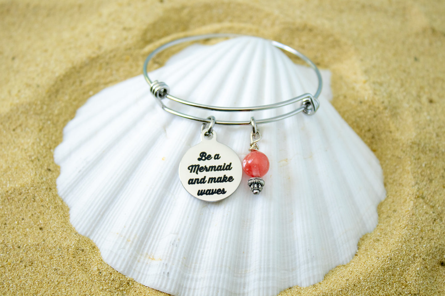 Mermaid Charm Bracelet – Be a Mermaid and Make Waves – Ocean Beach Jewelry – Adjustable Bangle with Charm & Bead – Gift for Mermaid Lover