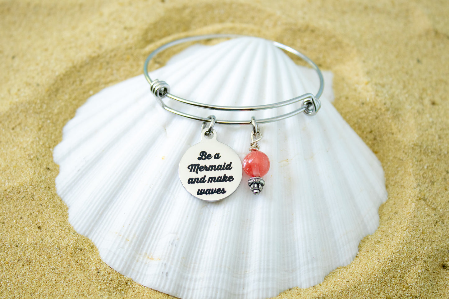 Mermaid Charm Bracelet – Be a Mermaid and Make Waves – Ocean Beach Jewelry – Adjustable Bangle with Charm & Bead – Gift for Mermaid Lover
