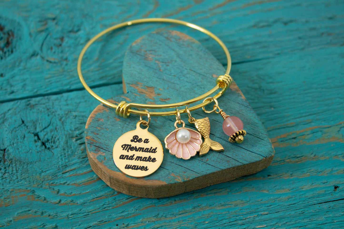 Mermaid Charm Bracelet – Be a Mermaid and Make Waves – Ocean Beach Jewelry – Adjustable Bangle with Charm & Bead – Gift for Mermaid Lover
