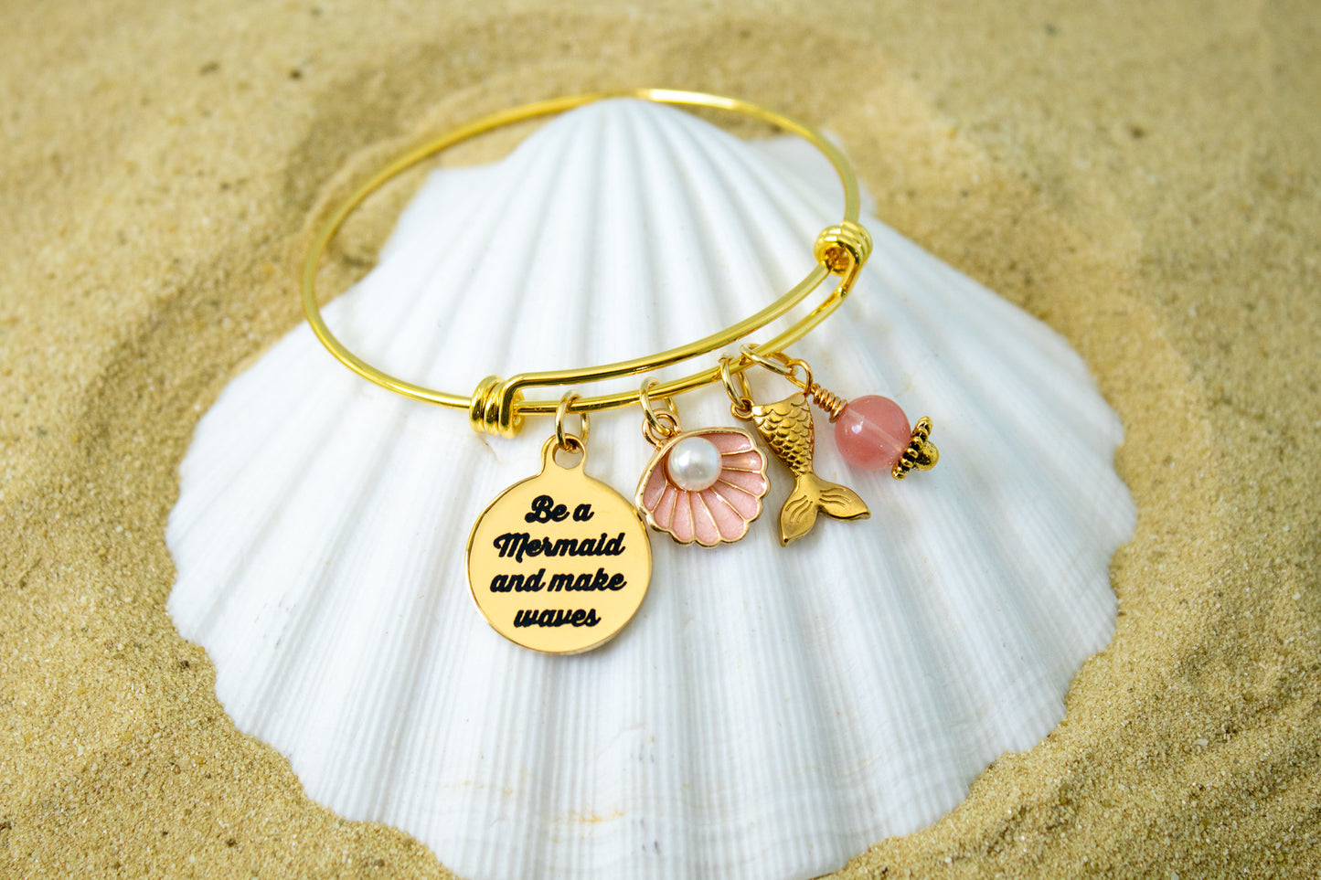 Mermaid Charm Bracelet – Be a Mermaid and Make Waves – Ocean Beach Jewelry – Adjustable Bangle with Charm & Bead – Gift for Mermaid Lover