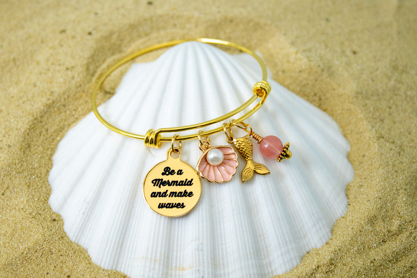 Mermaid Charm Bracelet – Be a Mermaid and Make Waves – Ocean Beach Jewelry – Adjustable Bangle with Charm & Bead – Gift for Mermaid Lover