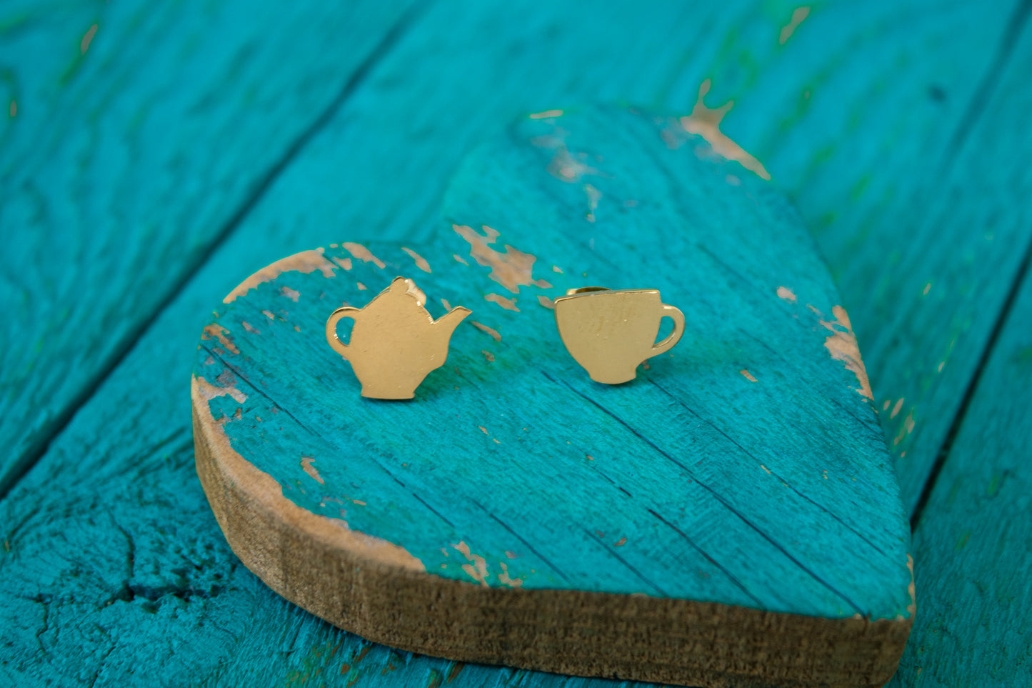 Golden Teapot & Teacup Stud Earrings