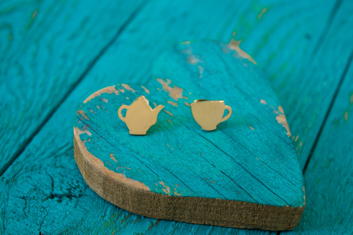 Golden Teapot & Teacup Stud Earrings