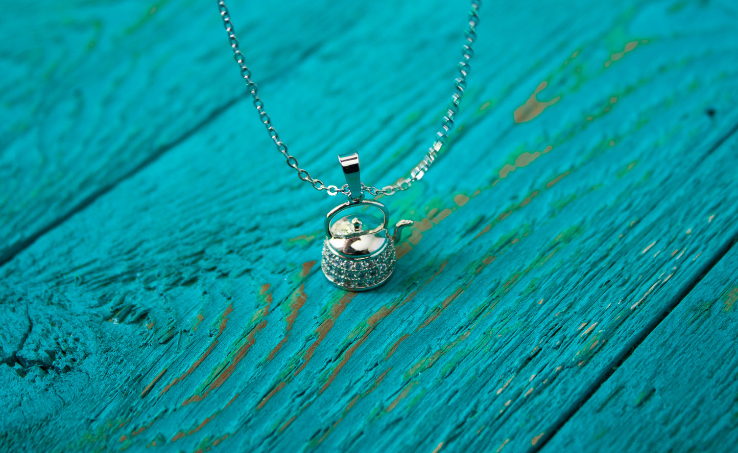 Stainless Steel & Cubic Zirconia Teapot Necklace