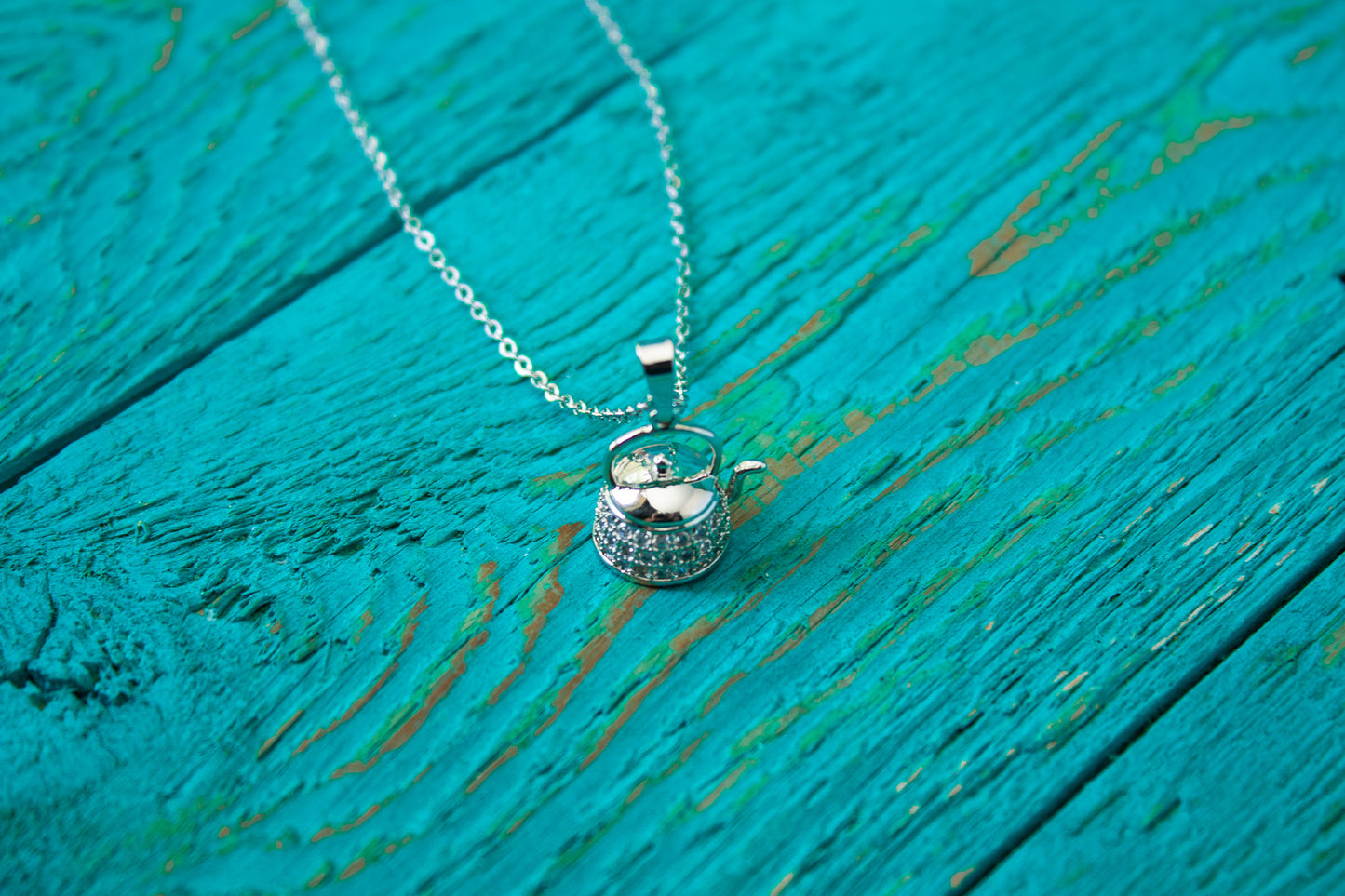Stainless Steel & Cubic Zirconia Teapot Necklace