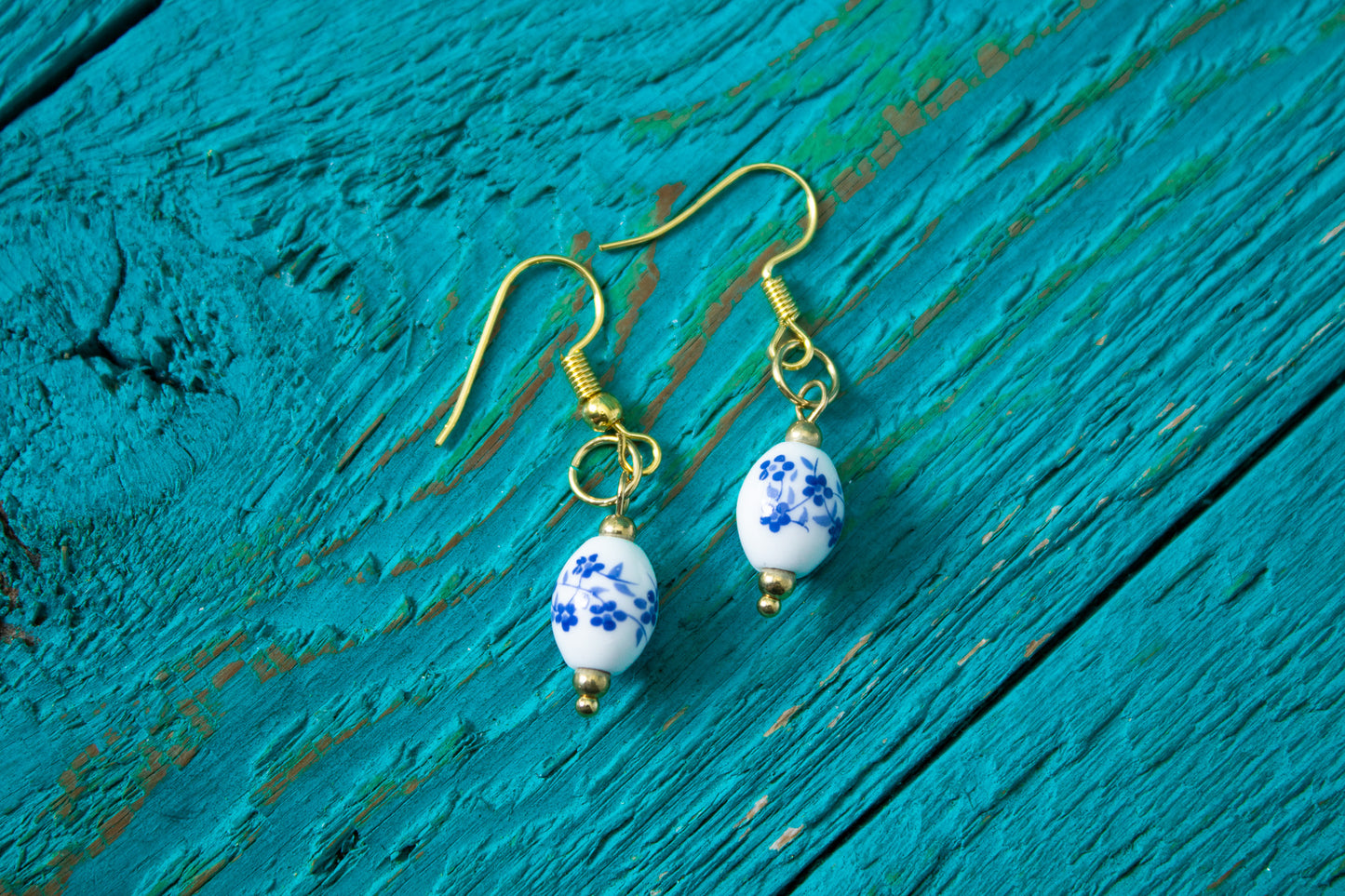 Oval Flora Collection White & Blue Glass Flower Earrings