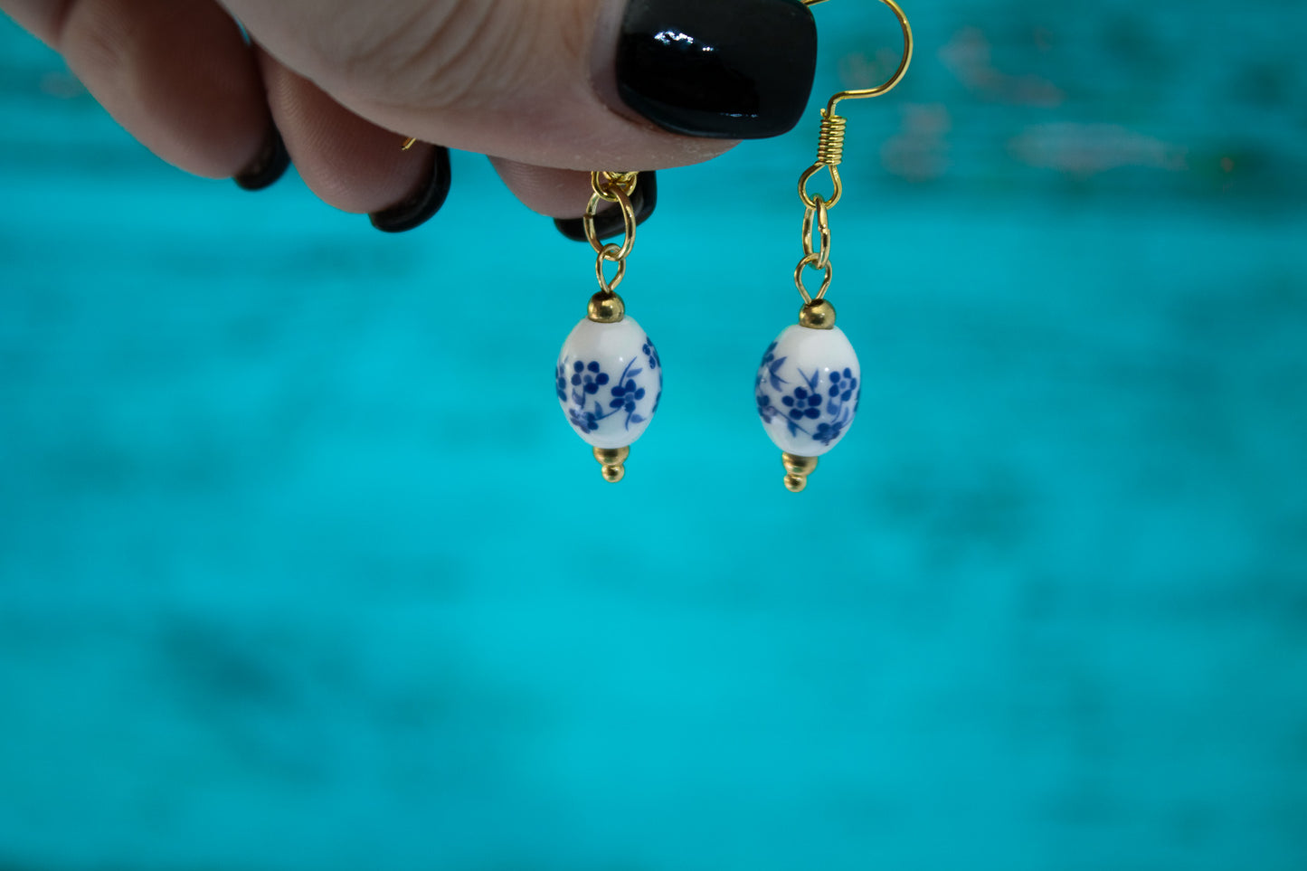 Oval Flora Collection White & Blue Glass Flower Earrings