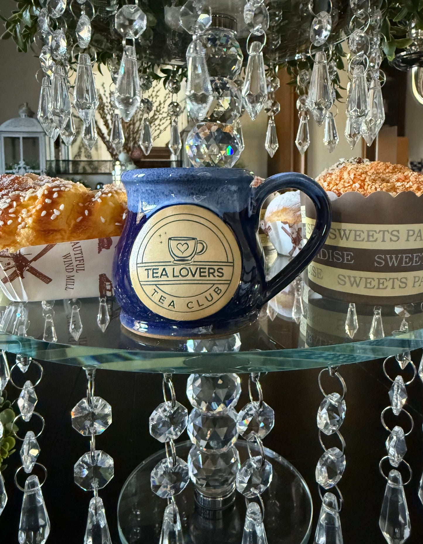 Tea Lovers Tea Club Mini Round Belly Mug Ornament Navy Powder Blue and White