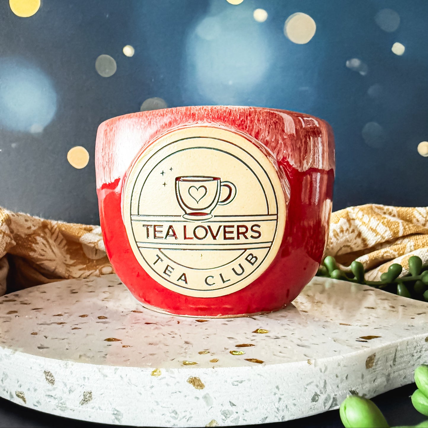 Tea Lovers Tea Club Red with Sand and White Skol Tea bowl