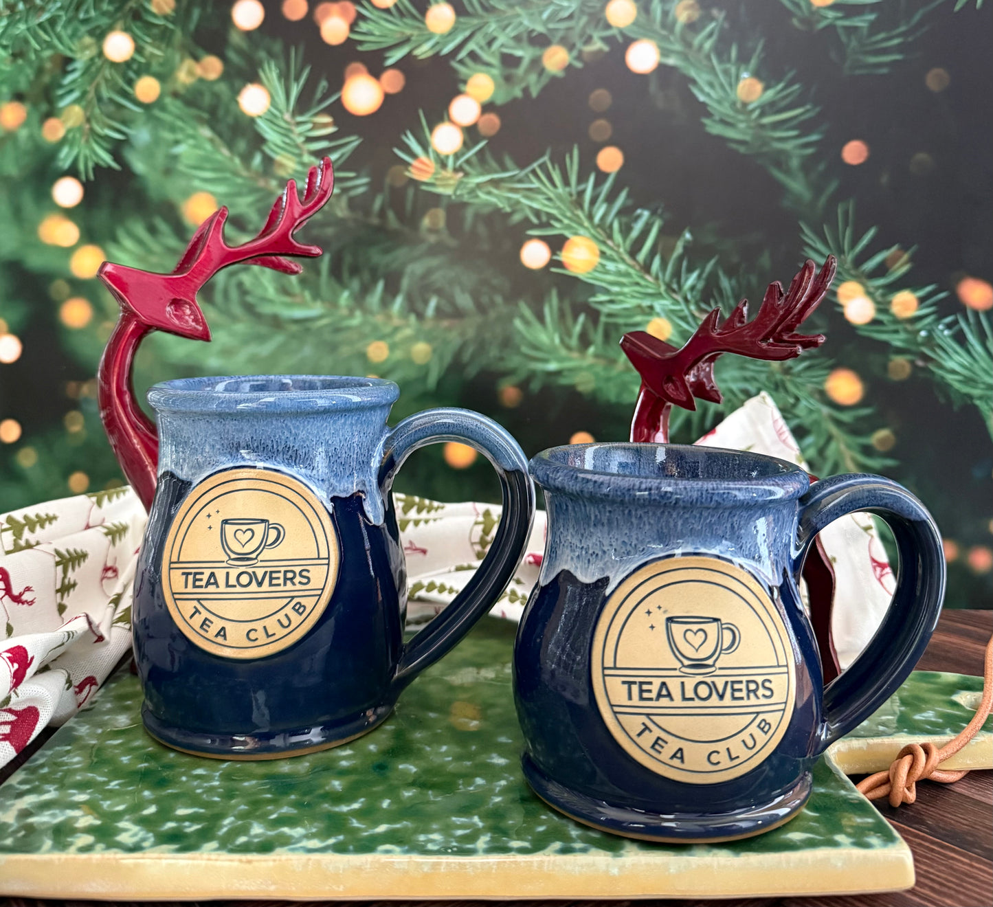 Tea Lovers Tea Club Round Belly Navy Mug With Powder Blue and White