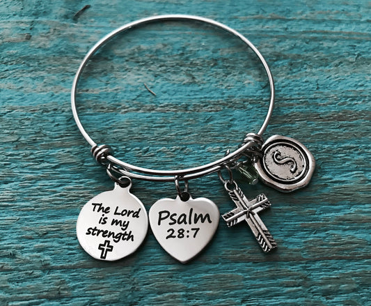 The lord is my strength, Psalm 28:7, Christian, Bible verse, Scripture, Strength, Silver Bracelet, Charm bracelet, silver Jewelry, Gifts,