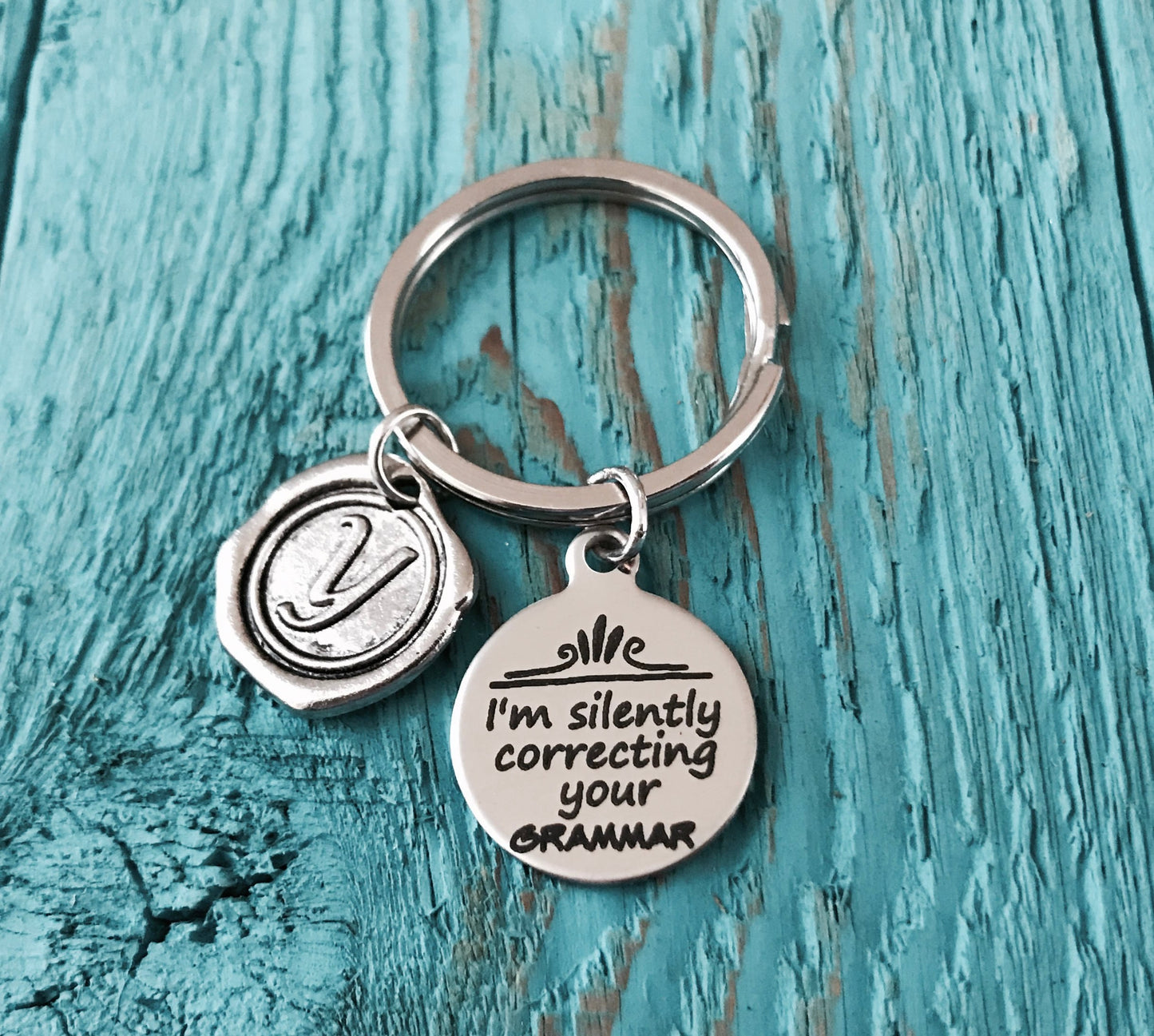 I am silently, correcting your, Grammar, Silver Keychain, English Teacher, Gift for Teacher, Engraved, Silver Keyring, Book lover, Keepsake