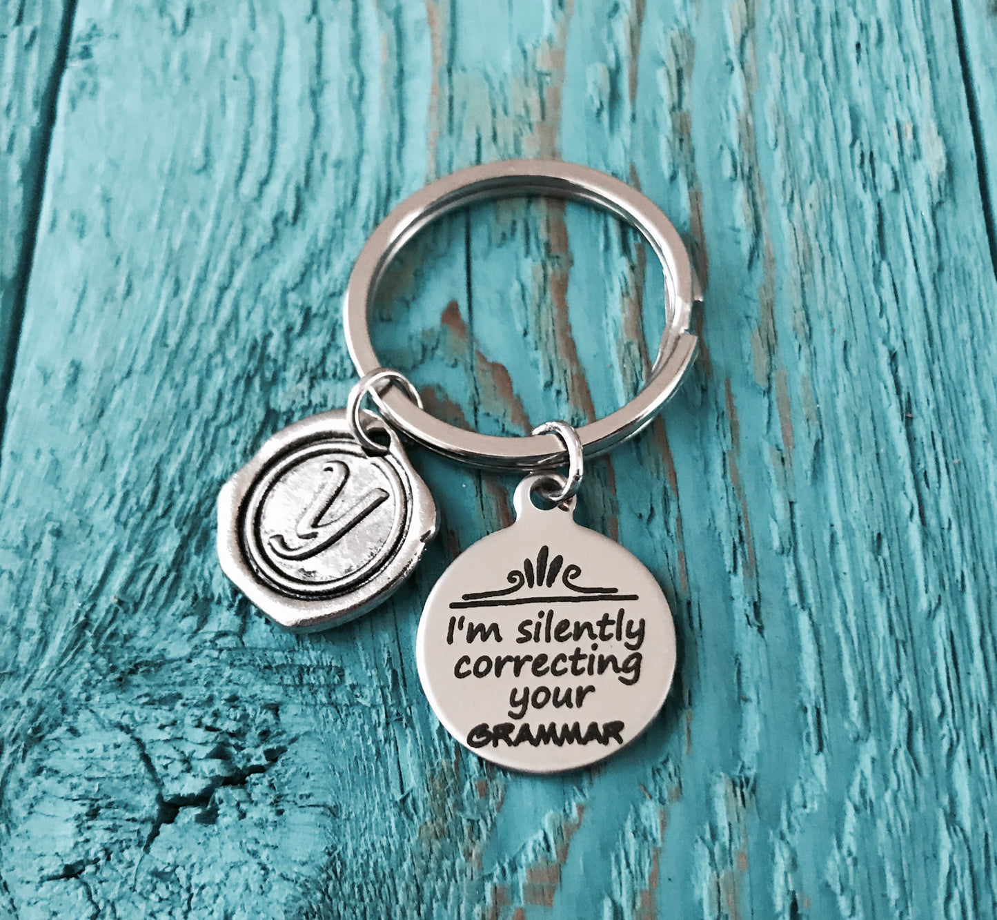 I am silently, correcting your, Grammar, Silver Keychain, English Teacher, Gift for Teacher, Engraved, Silver Keyring, Book lover, Keepsake