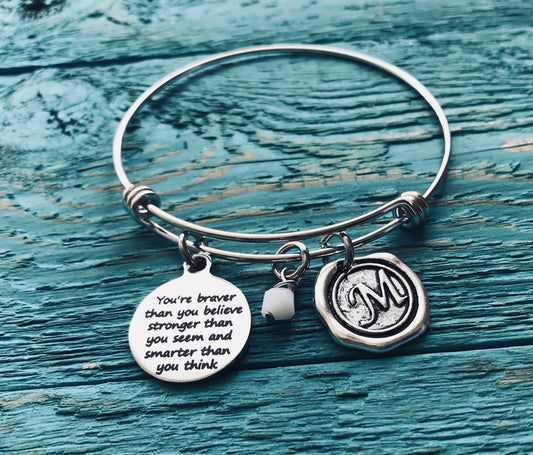 You're braver, than you believe, Silver Jewelry, Gift, inspiration, Inspire, Encourage, Recovery, Graduation, Silver Bracelet, Charm Bangle
