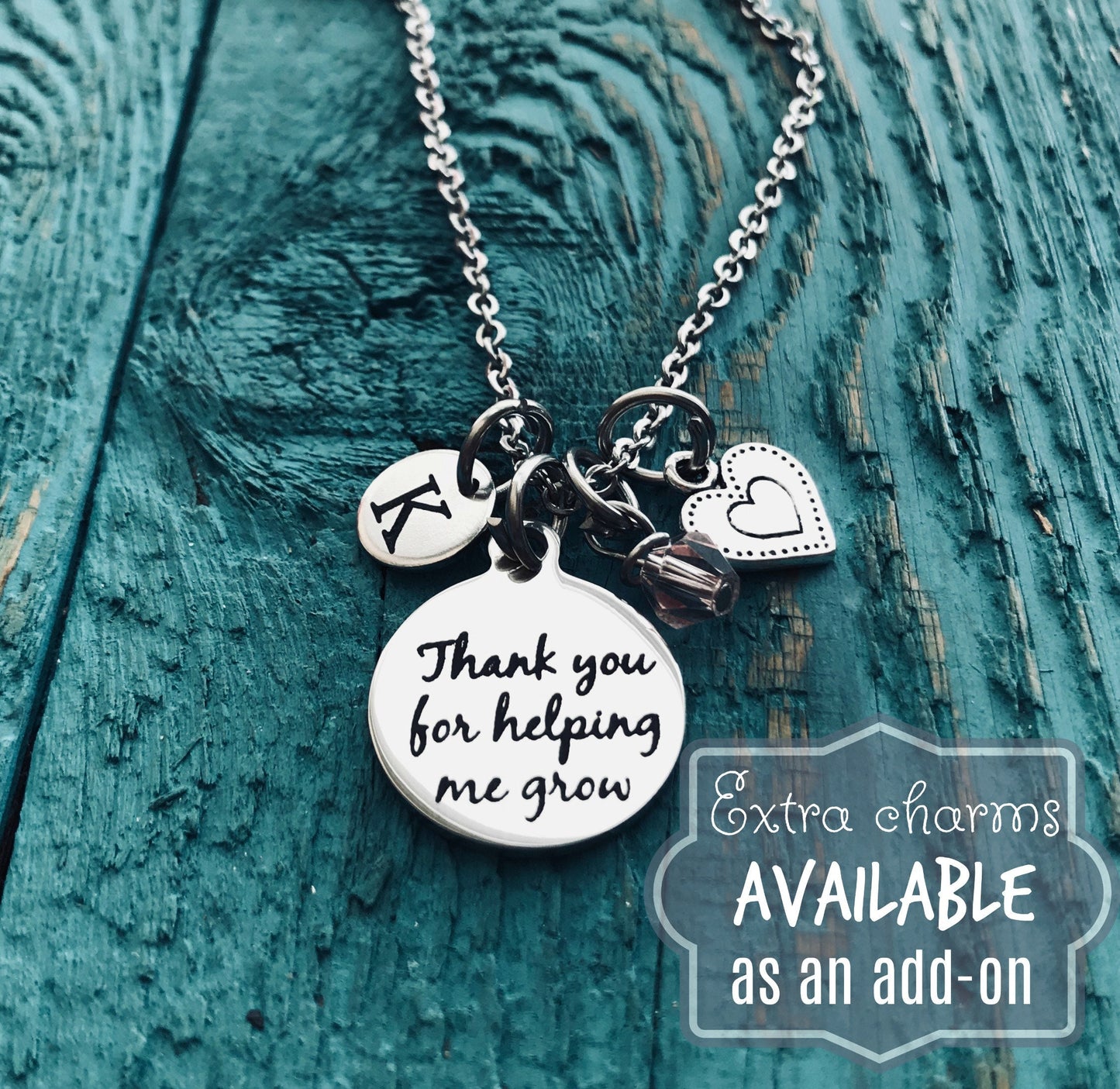 Thank you for, helping me grow, Silver Necklace, Charm Necklace, Gift for, Teacher, Teaching assistant, Nanny, Childminder, Babysitter