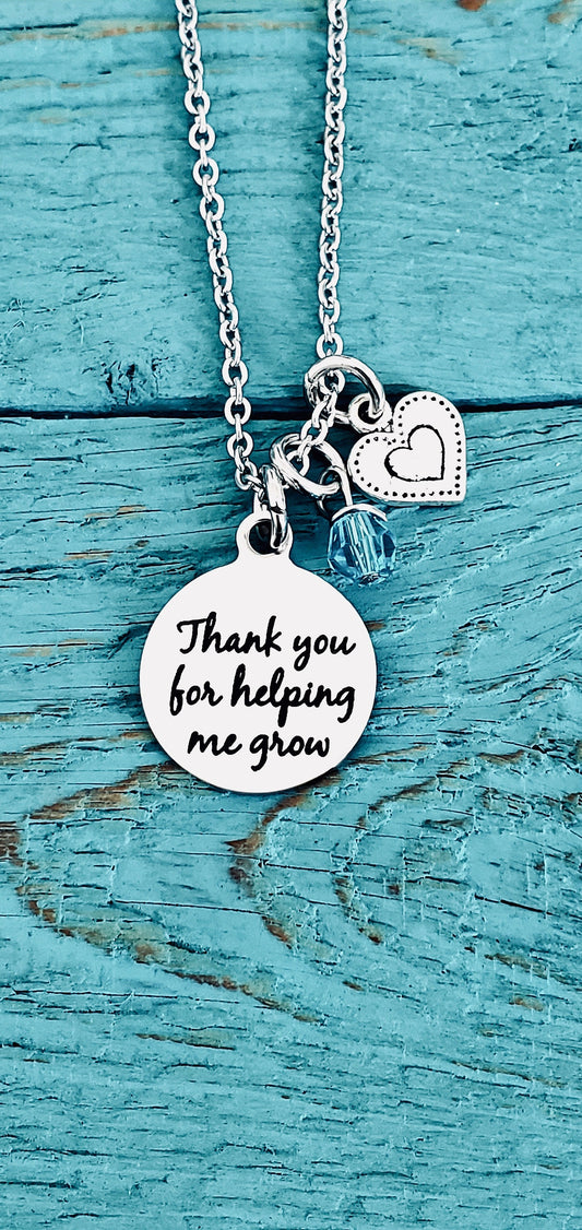 Thank you for, helping me grow, Silver Necklace, Charm Necklace, Gift for, Teacher, Teaching assistant, Nanny, Childminder, Babysitter