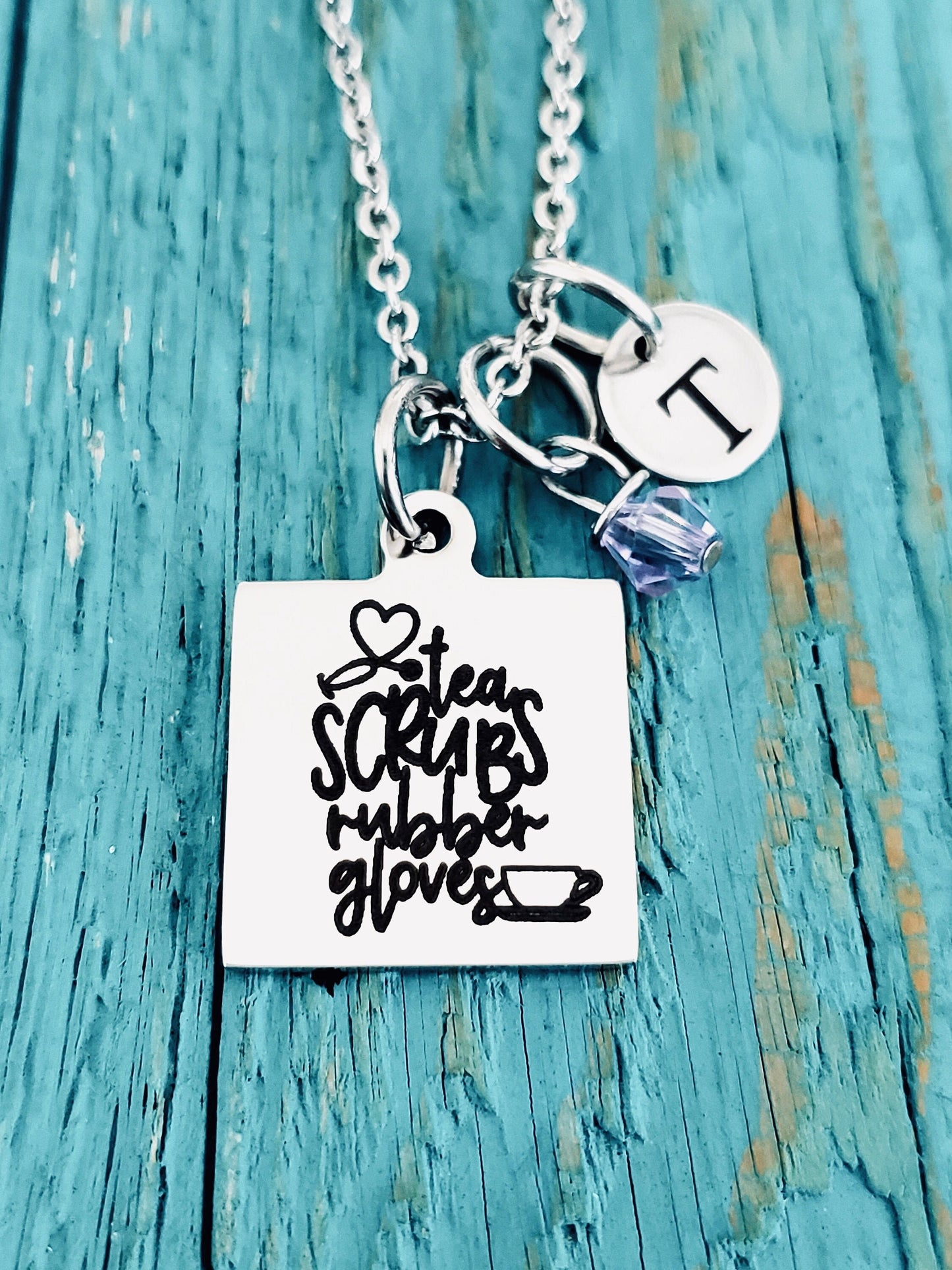Tea scrubs and, rubber gloves, Nurse, Tea drinker, Veterinarian, Vet tech, Graduation, Silver Necklace, Charm Necklace, Gifts, stethoscope