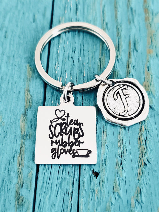 Tea scrubs and, rubber gloves, Nurse, Tea drinker, Veterinarian, Vet tech, Doctor, Tea lover, Grad, Silver Keychain, Silver keyring, Gifts