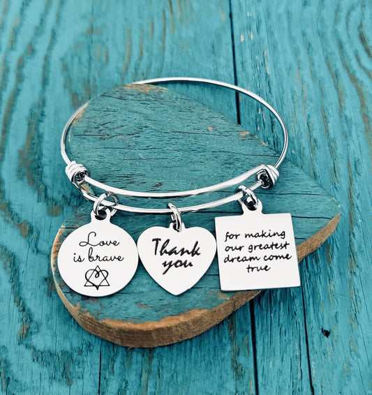 Thank you, for making our, Dreams come true, Birth Mom, Adoption, Birth Mother, Baby adoption, Silver Bracelet, Charm Bracelet, Keepsake