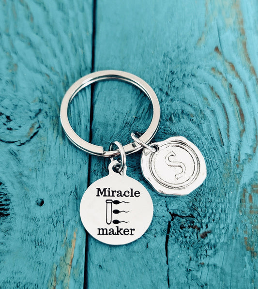 Miracle maker, IVF, Fertility, Infertility, IVF Nurse, IVF Doctor, Transfer day, test tube, Sperm, Silver Keychain, Silver Keyring, Gift for