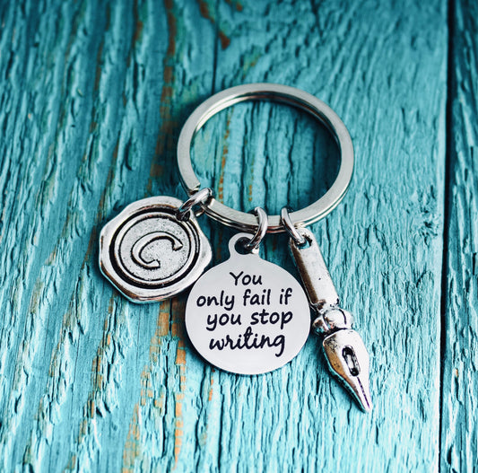 You Only Fail If You Stop Writing, Writer Gift, Ray Bradbury Quote, Silver Keychain SIlver Keyring, Book Quote, Writing, Author, Poet, GIfts