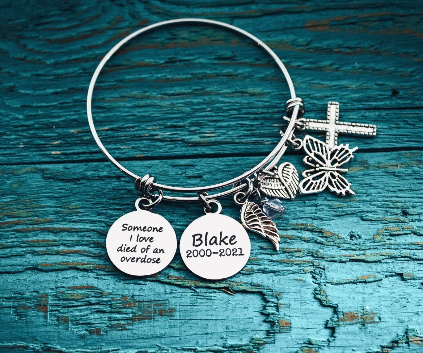 Someone I love, died of an, overdose, overdose awareness, Suicide, Support, Memorial, Silver Bracelet, charm bracelet, gits for, in memory
