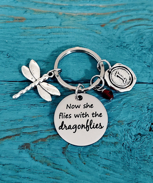 Now she flies, with the Dragonflies, Gift, Bereavement, loss of loved one, Miscarriage, Silver Keychain, Silver Keyring, Personalized Gifts