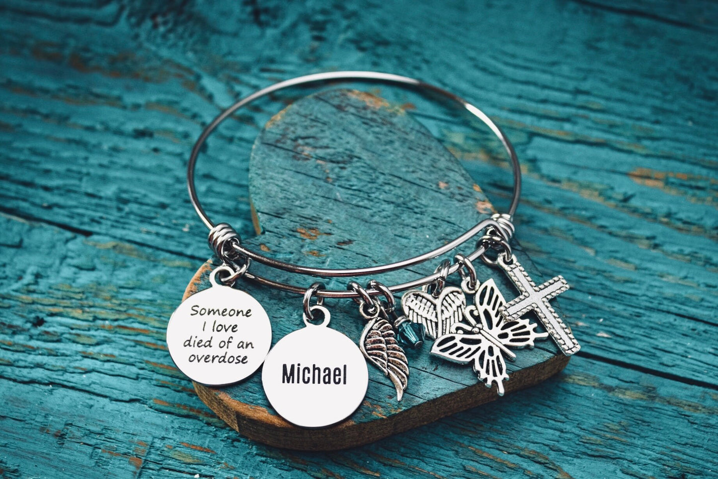 Someone I love, died of an, overdose, overdose awareness, Suicide, Support, Memorial, Silver Bracelet, charm bracelet, gits for, in memory