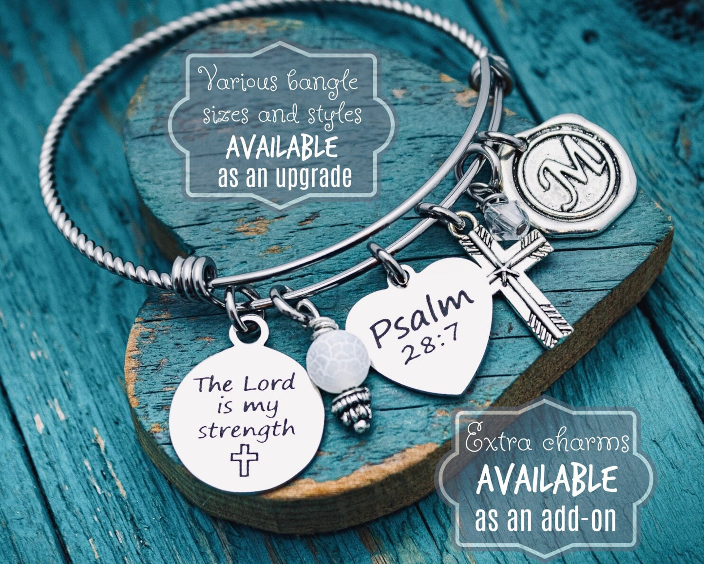 The lord is my strength, Psalm 28:7, Christian, Bible verse, Scripture, Strength, Silver Bracelet, Charm bracelet, silver Jewelry, Gifts,