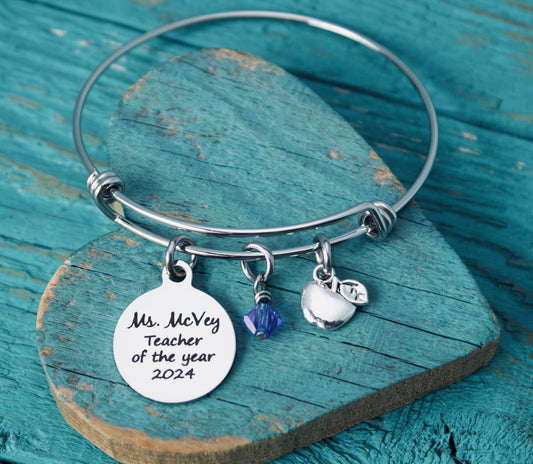 Teacher of the year, Silver Bracelet, Charm Bracelet, Gift for, Teacher, Teaching assistant, Personalized, End of year, Teacher Appreciation