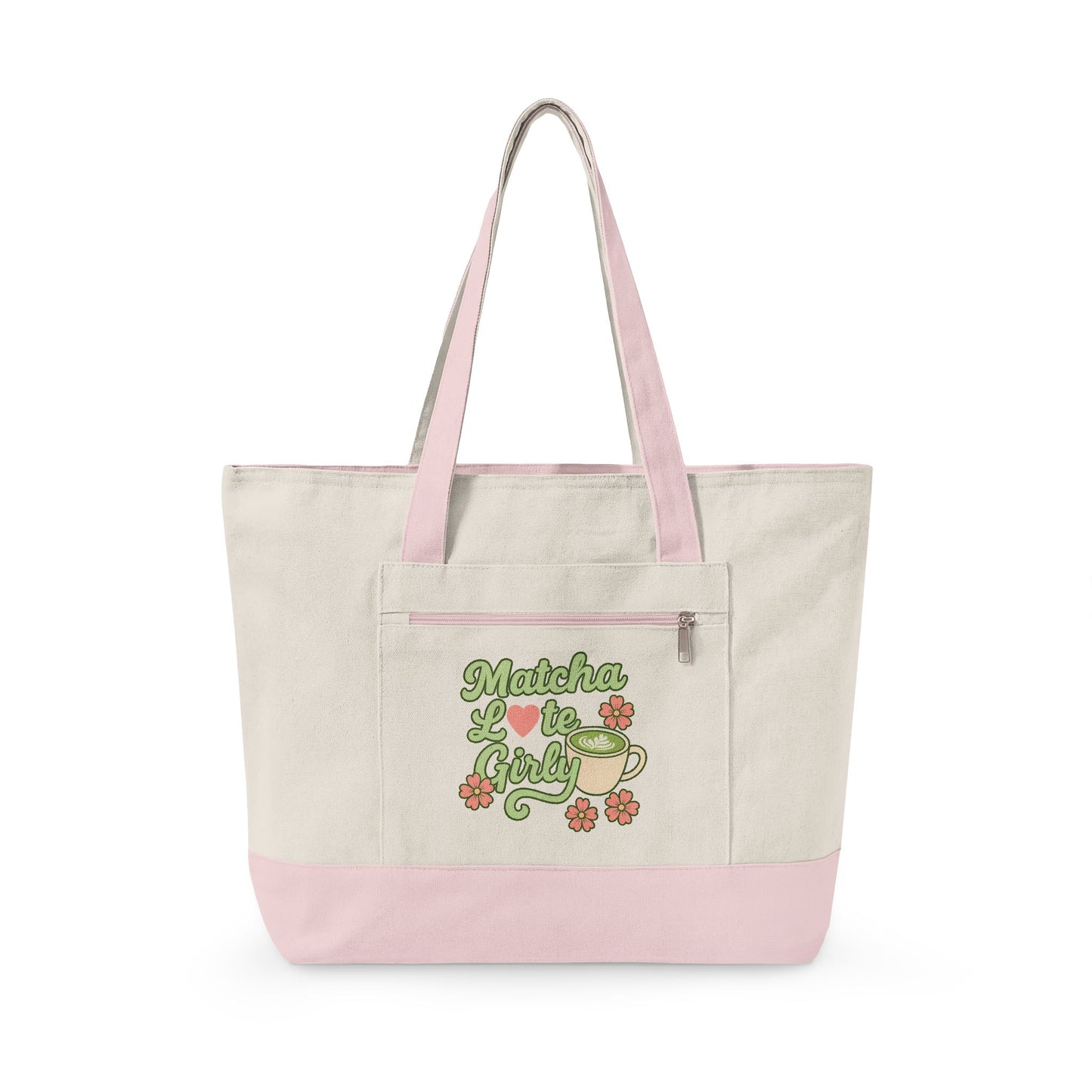 Matcha Latte Girly Zippered Canvas Tote Bag