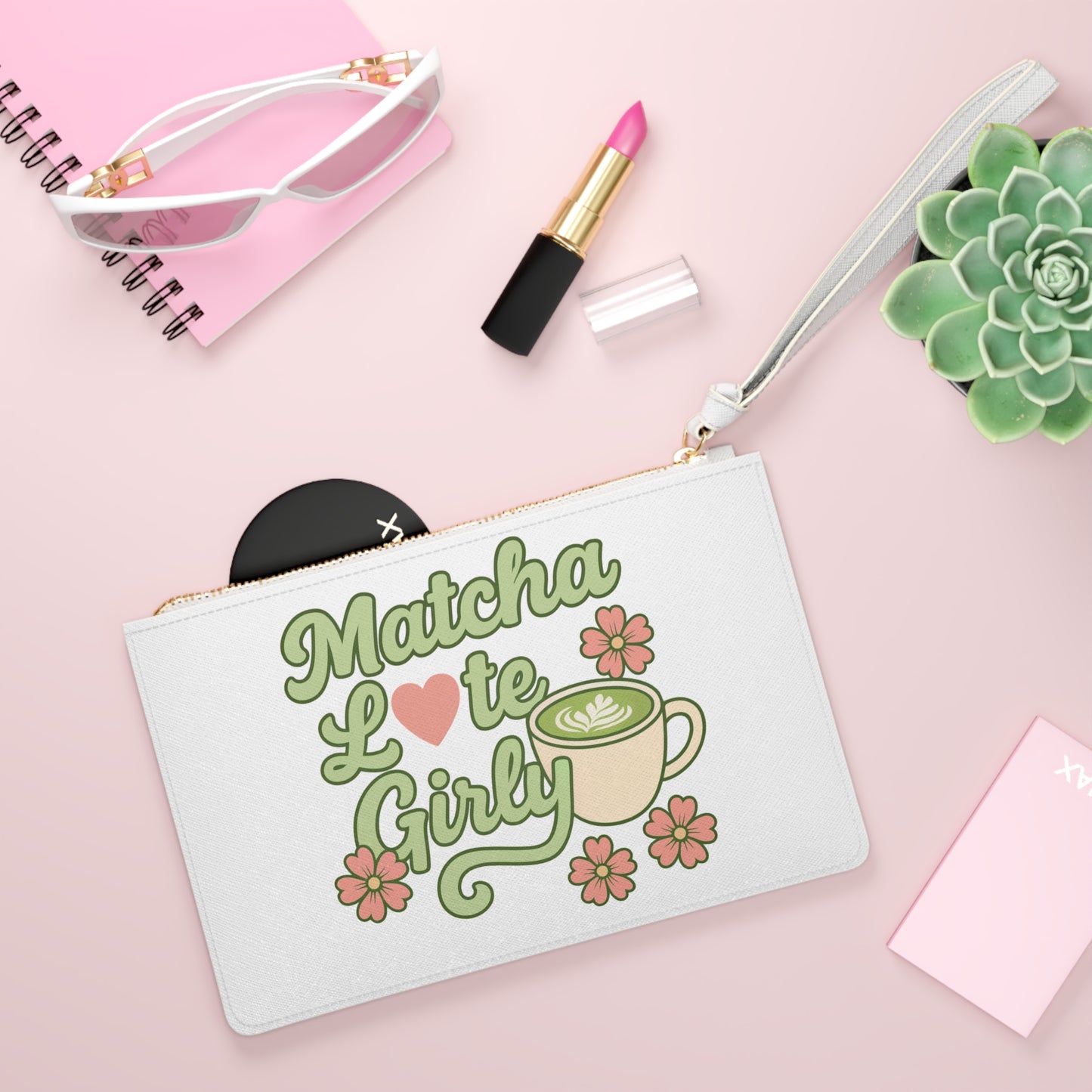 Matcha Latte Girly Clutch Bag  Floral Matcha Cup Wristlet