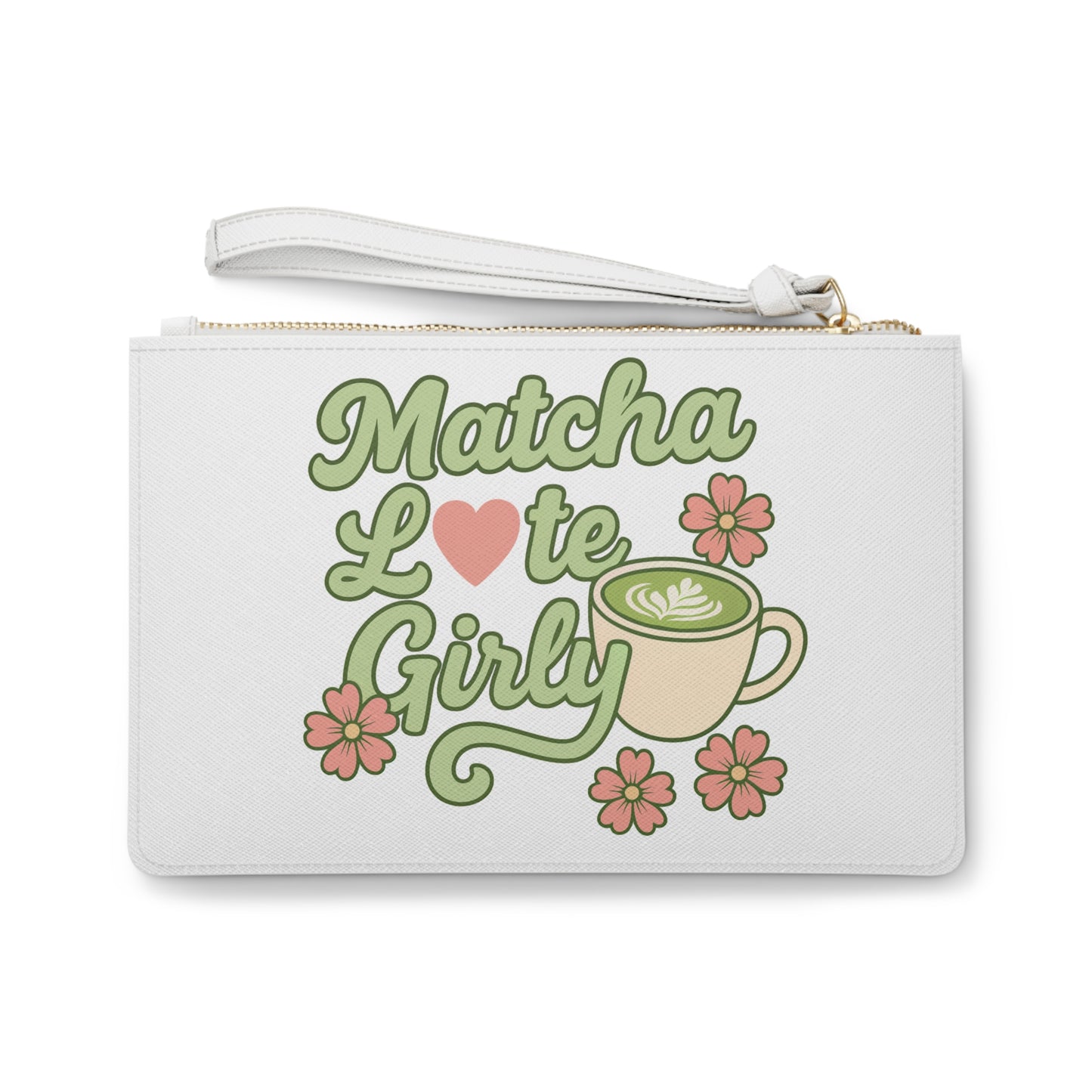Matcha Latte Girly Clutch Bag  Floral Matcha Cup Wristlet
