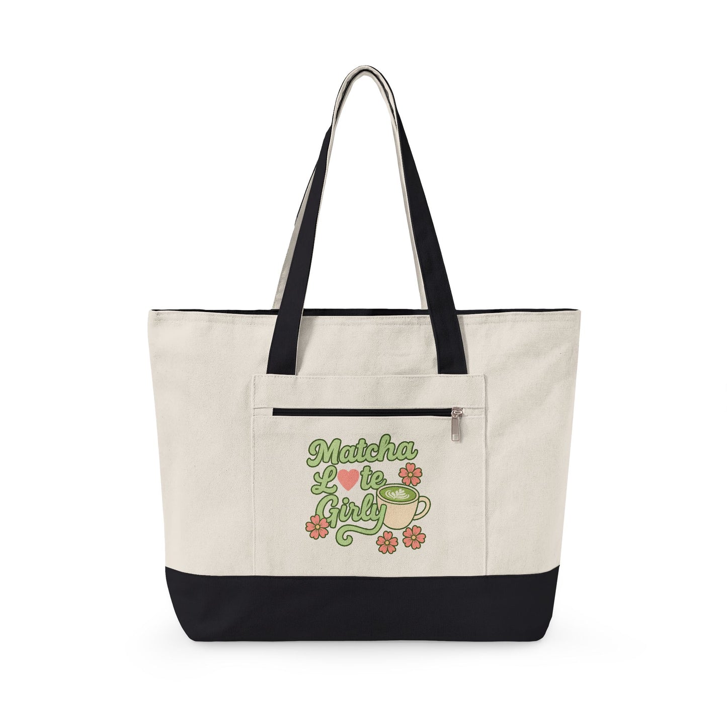 Matcha Latte Girly Zippered Canvas Tote Bag