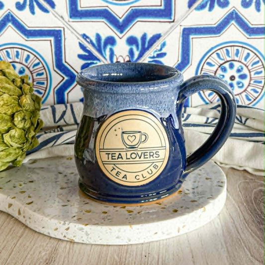 Tea Lovers Tea Club Round Belly Navy Mug With Powder Blue and White